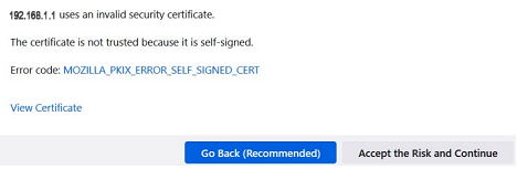 “Potential Security Risk Ahead” warning page in Firefox showing the advanced options, Go back or Accept