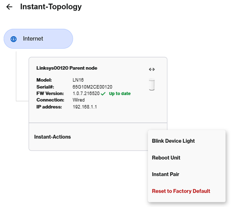 A Linksys Now screenshot showing the Instant-Topology settings