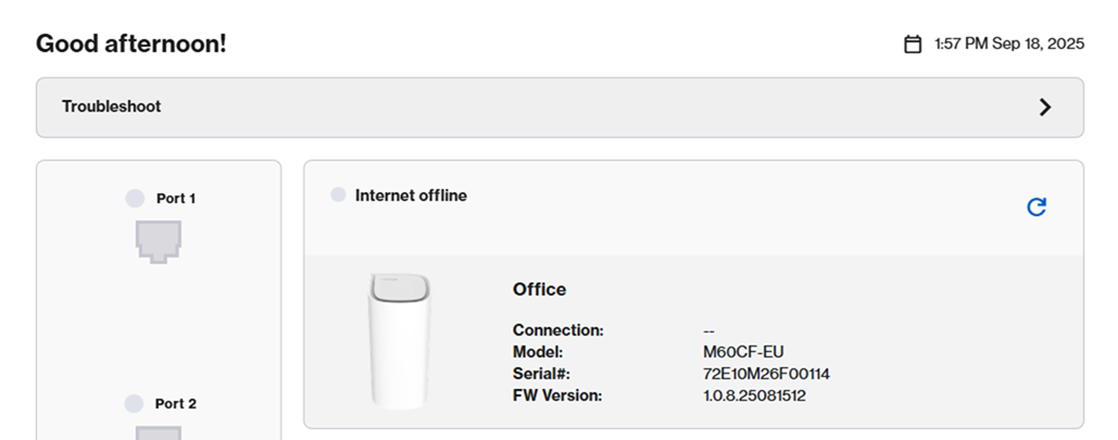 An image showing the no internet connection error when using an SPNM60 router