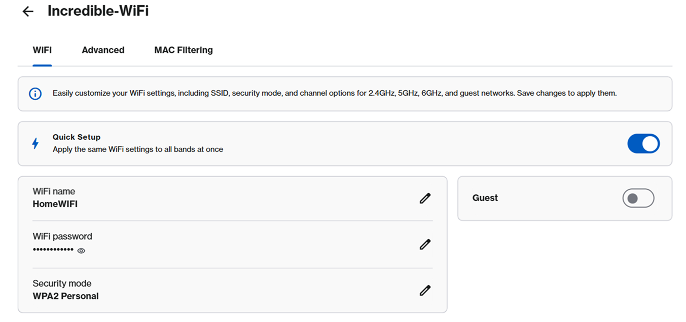 An image displaying the WiFi page within the Quick Setup enabled