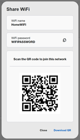 An image of a section where you can copy the WiFi password, scan the QR code to join the network, Download the QR code, or select close
