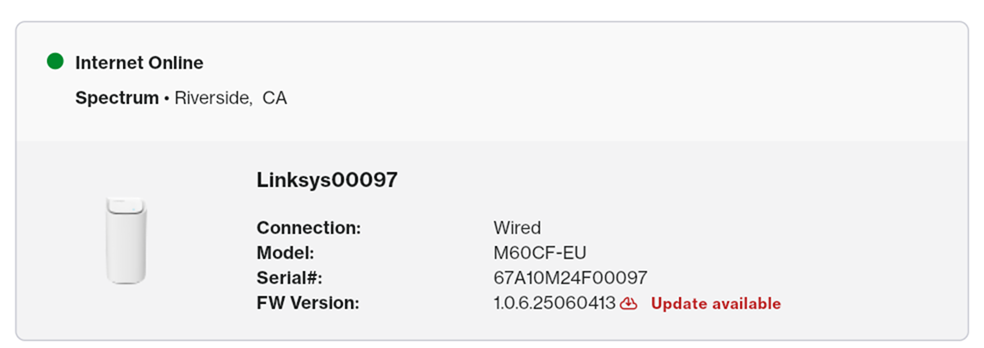 "Update available" shown on the Home page