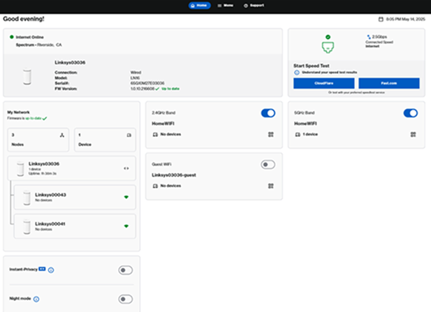 Linksys Now Home section of the page for LN1600