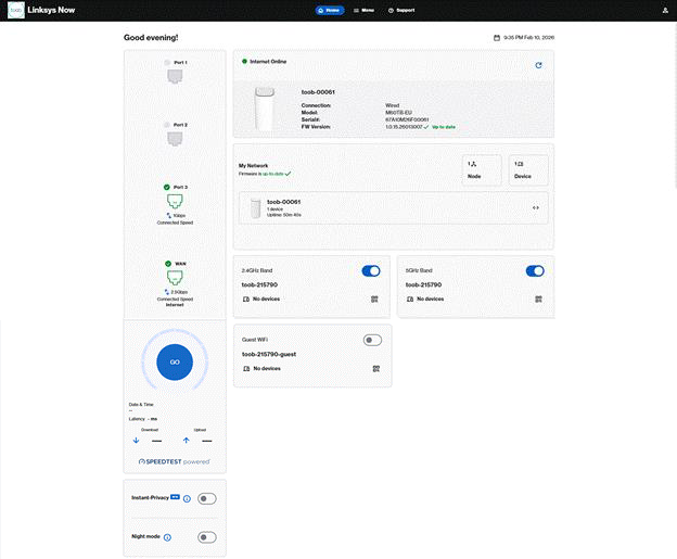 Linksys Now Home section of the page for SPNM60TB