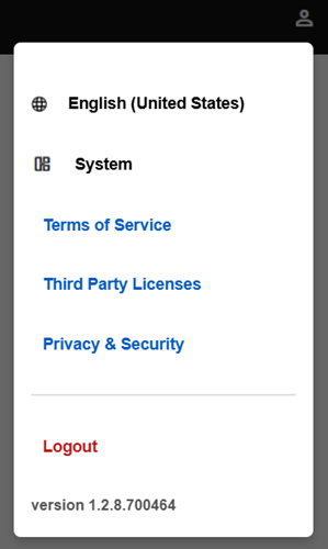 A section that shows the Language, System, Terms of Service, Third Party Licenses, Privacy & security, the version of the interface, and an option to log out