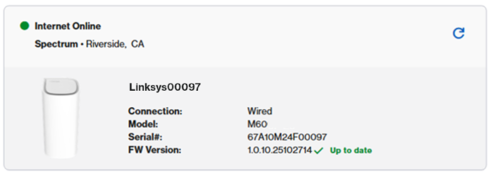 A section showing the online status, model, serial number, and firmware status (Up to date) of the parent router