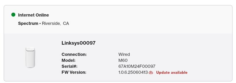 A section showing the online status, model, serial number, and firmware status (update available) of the parent router