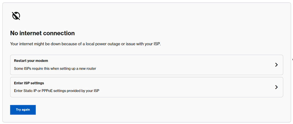 An image of the Troubleshoot section where you can "Restart your modem", "Enter ISP settings" (for PPPoE connection), or simply select "Try again".