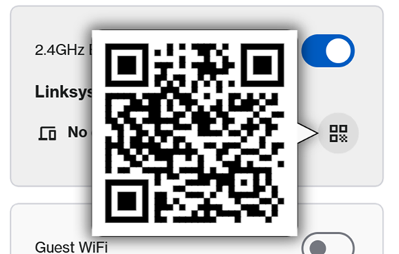 An image of the 2.4 GHz and 5 GHz bands with hoverable QR code icons, showing their status and device connections.