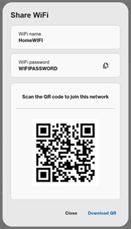 An image of the Share WiFi section that appears upon clicking the QR icon, displaying the WiFi name, options to copy the password, scan or download the QR code, and close the page.