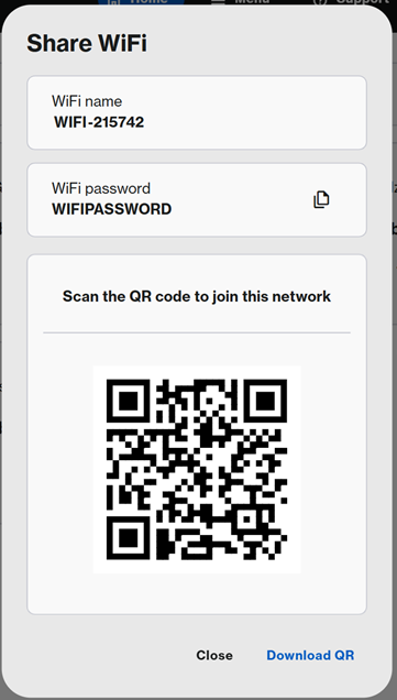 An image of the Share WiFi section that appears upon clicking the QR icon, displaying the WiFi name, options to copy the password, scan or download the QR code, and close the page.