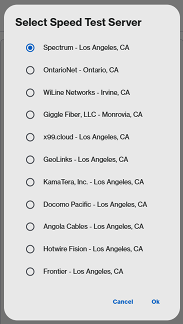 An image showing the Speed Test option to select a server (for SPNM60TB only)