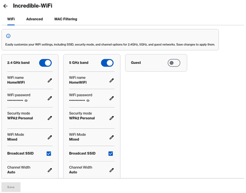 WIFI tab of LN1600 series routers