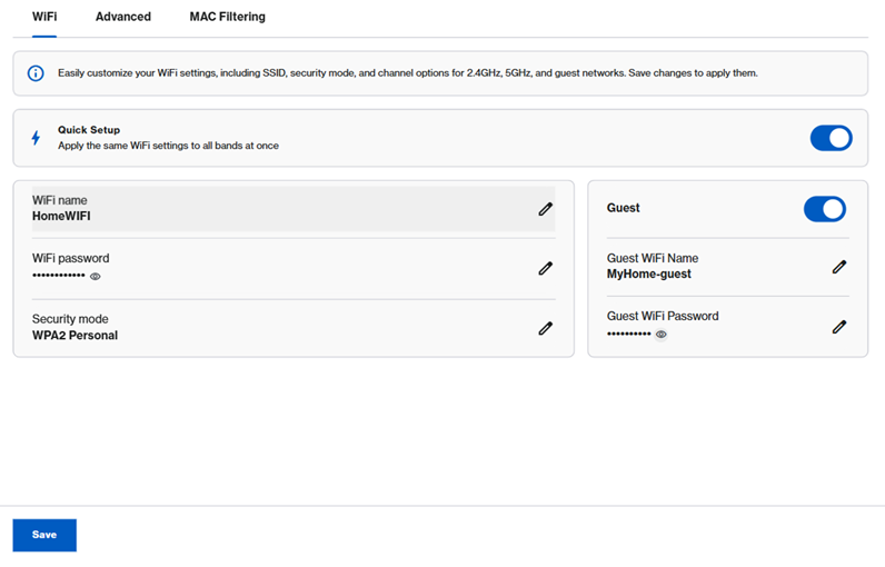 WIFI tab with Enabled Guest network