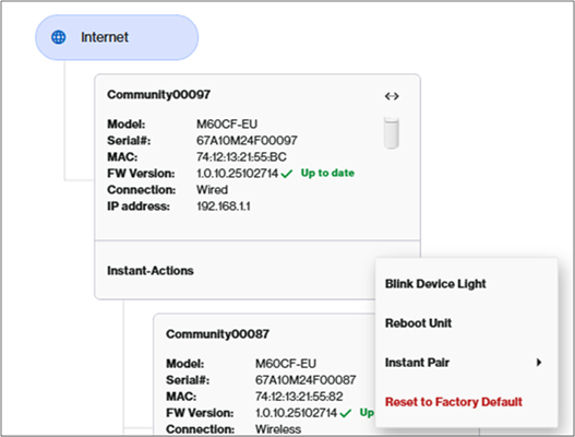 A section of the parent router's description settings which displays the name, model number, serial number, firmware version, connection type (wired or wireless), and IP address