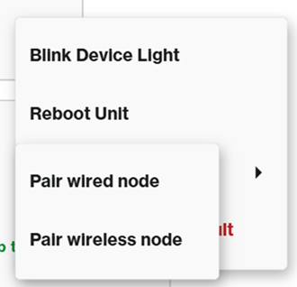 A section of the parent router's description settings which displays the Blink Device Light, Reboot Unit, and Pair options (wired or wireless)