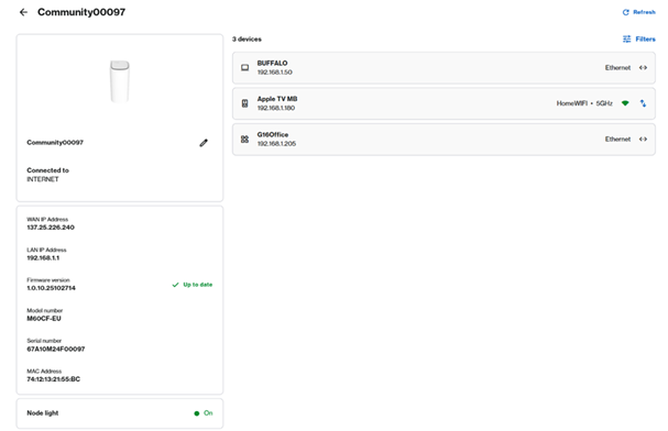 An image of the section where more settings and clients connected to the parent router can be viewed.