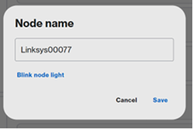 A screenshot showing the editable field for the child node's name, a link to "Blink node light", along with an option to save changes.