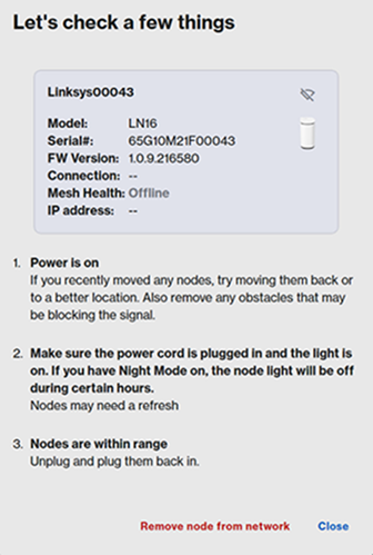 An image of a troubleshooting checklist to check power, cable connection, and node range, with options to remove the offline child node or close the