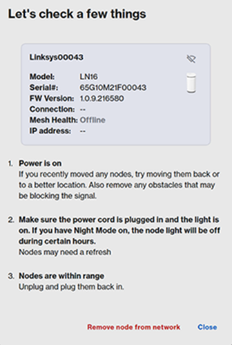 Troubleshooting checklist for an offline node, including power, cable, and range checks, with an option to remove the node.
