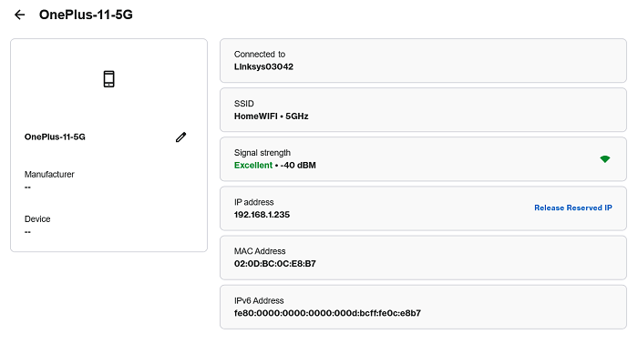 Screenshot of a client device showing Release Reserved IP