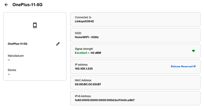 Screenshot of a client device showing Release Reserved IP