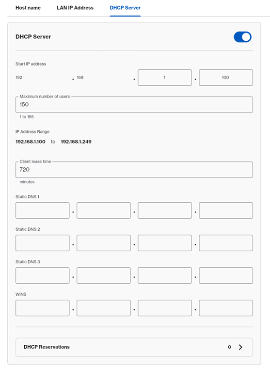 DHCP Server section enabled