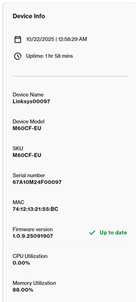 Screenshot of the Device Info dashboard tile presenting firmware, MAC address, uptime, and system status variables