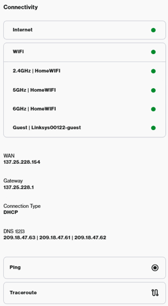 Screenshot of the Connectivity tile layout presenting overall network status, WAN configuration info, and troubleshooting test options