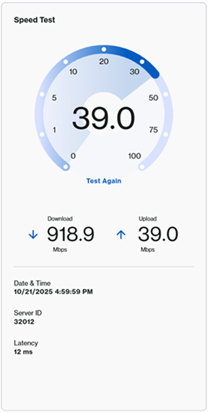 Screenshot displaying the action execution view with the Test Again option after finishing a Speed Test