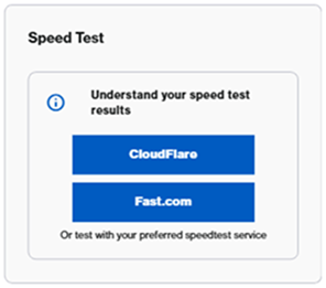 Screenshot of the alternate integrated diagnostic utility widget featuring toggle presets for third-party optimization tools like Fast.com and CloudFlare