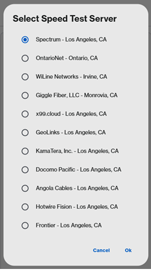 Speed Test showing server selection