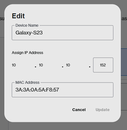 A window showing where you can edit the IP address and hit "Update" once done