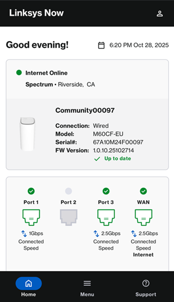 An image displaying the Linksys Now mobile interface, highlighting the three dots icon.