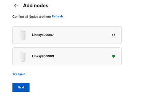 An image showcasing the Add nodes section, displaying successfully added nodes along with an option to click Next to proceed.