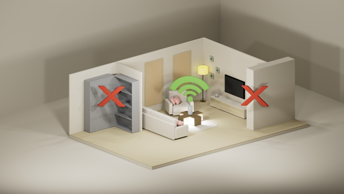 Avoid thick walls and large metal objects