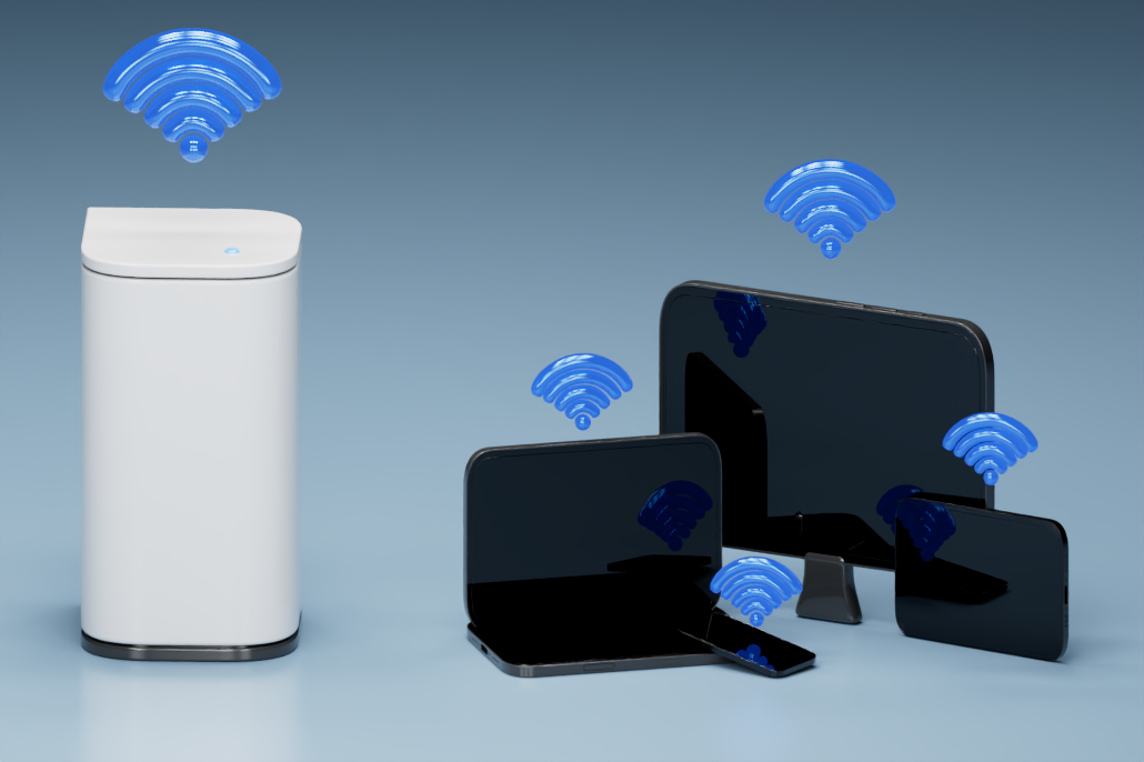 A Linksys wireless router with a computer, laptop, smartphone, smart watch, and tablet arranged together on a surface.