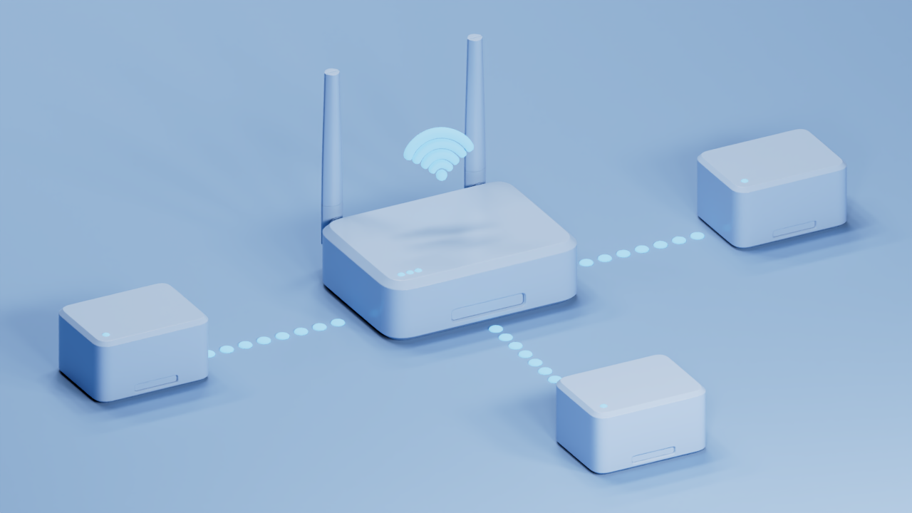 WiFi router connected to three mesh nodes in a wireless network
