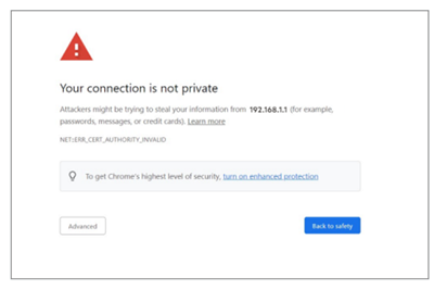 Screenshot of the browser security warning screen showing how to bypass the connection alert