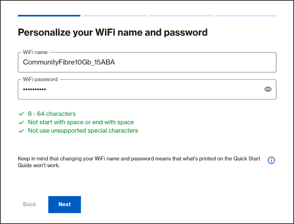 Screenshot of the wireless customization step to personalize your Wi-Fi name and network password