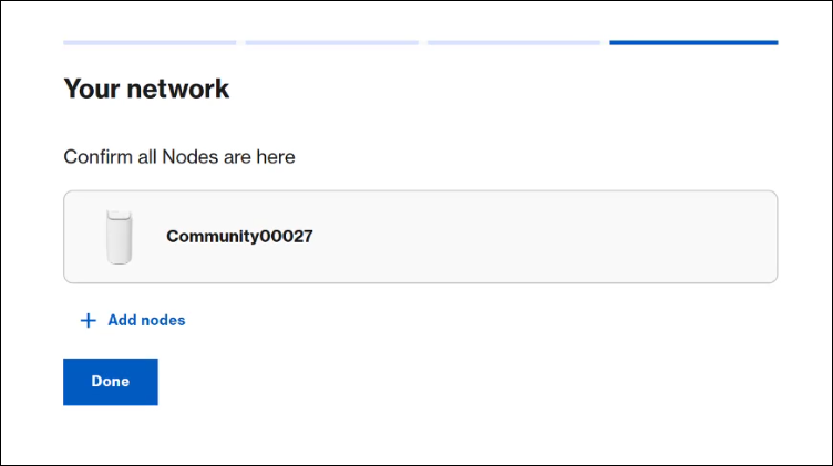 Screenshot of the Add Nodes setup selection screen with options to add secondary child nodes or finish