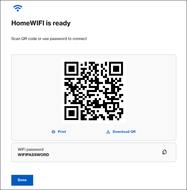 Screenshot of the final setup summary showing Wi-Fi credentials alongside a downloadable QR code