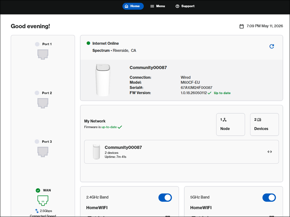 Screenshot of the active router administration homepage dashboard layout showing overall network health