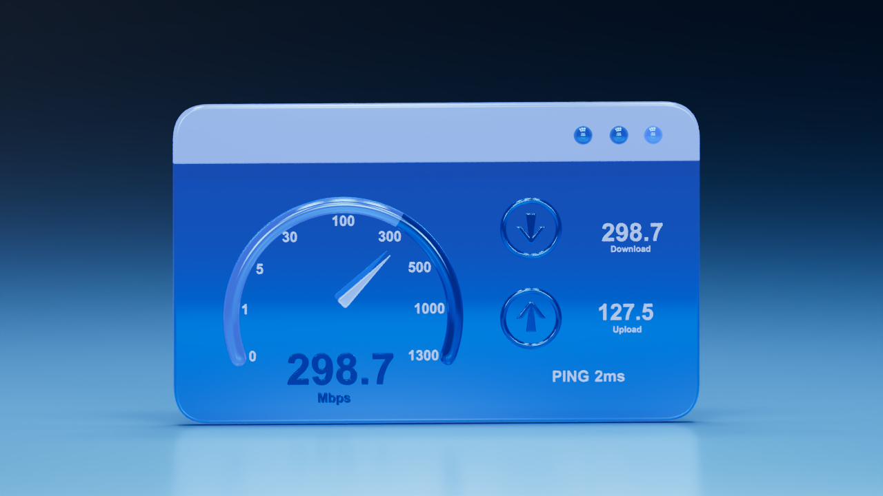 A 298.7 Mbps speed test result and 127.5 upload speed