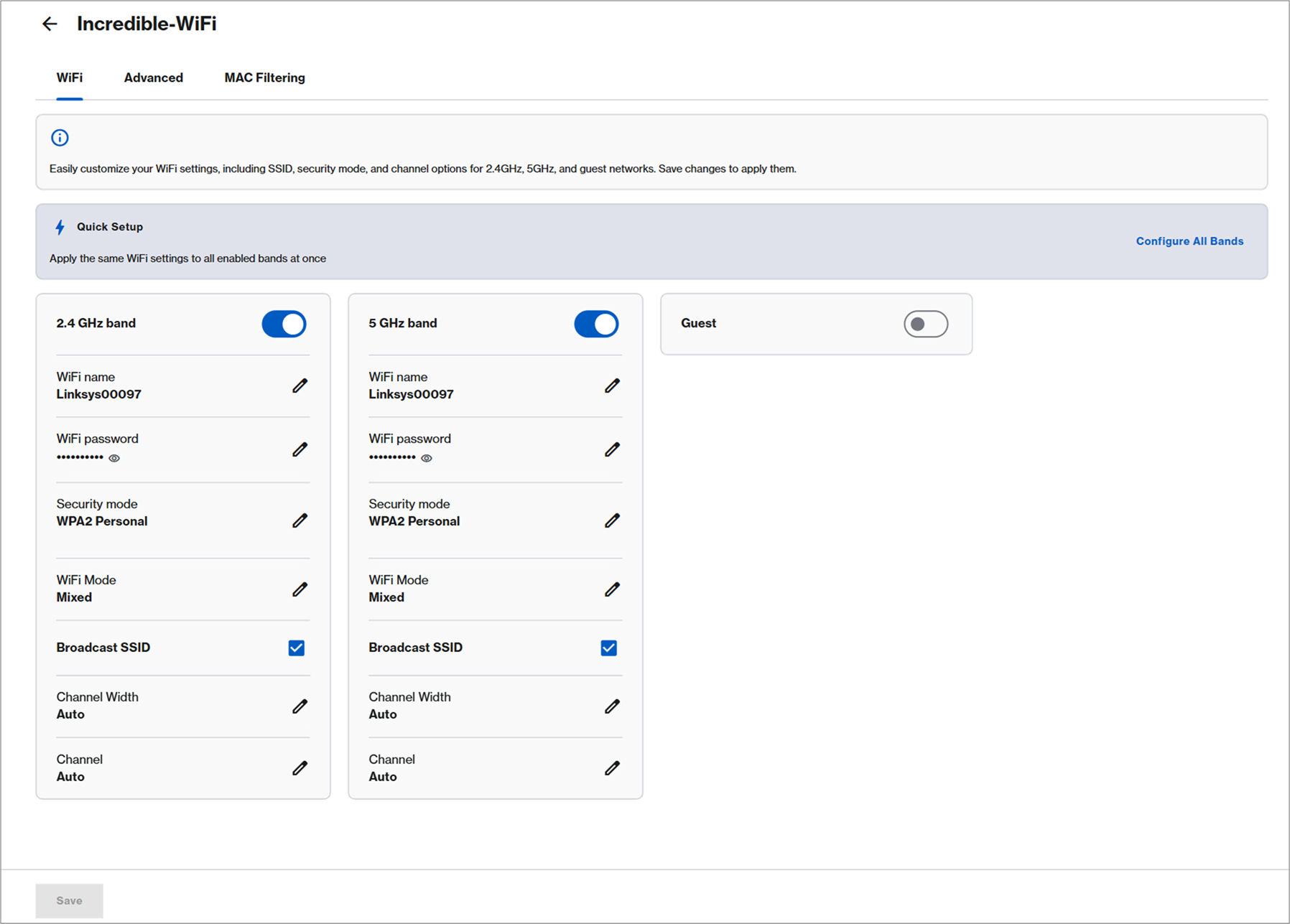 An image of the Incredible-WiFi section of the Linksys Now web interface