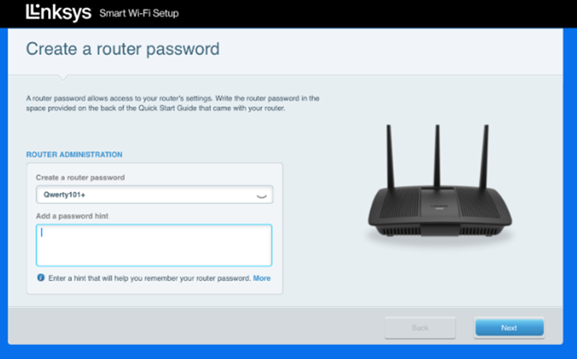 Create a router password and optional hint. Click Next