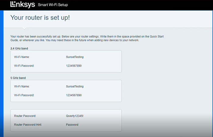 Write down your new WiFi and router admin information for future reference, then click Next.