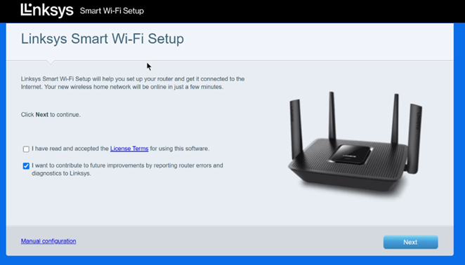 Linksys Smart WiFi Setup showing check box, the Next button, and Manual configuration link