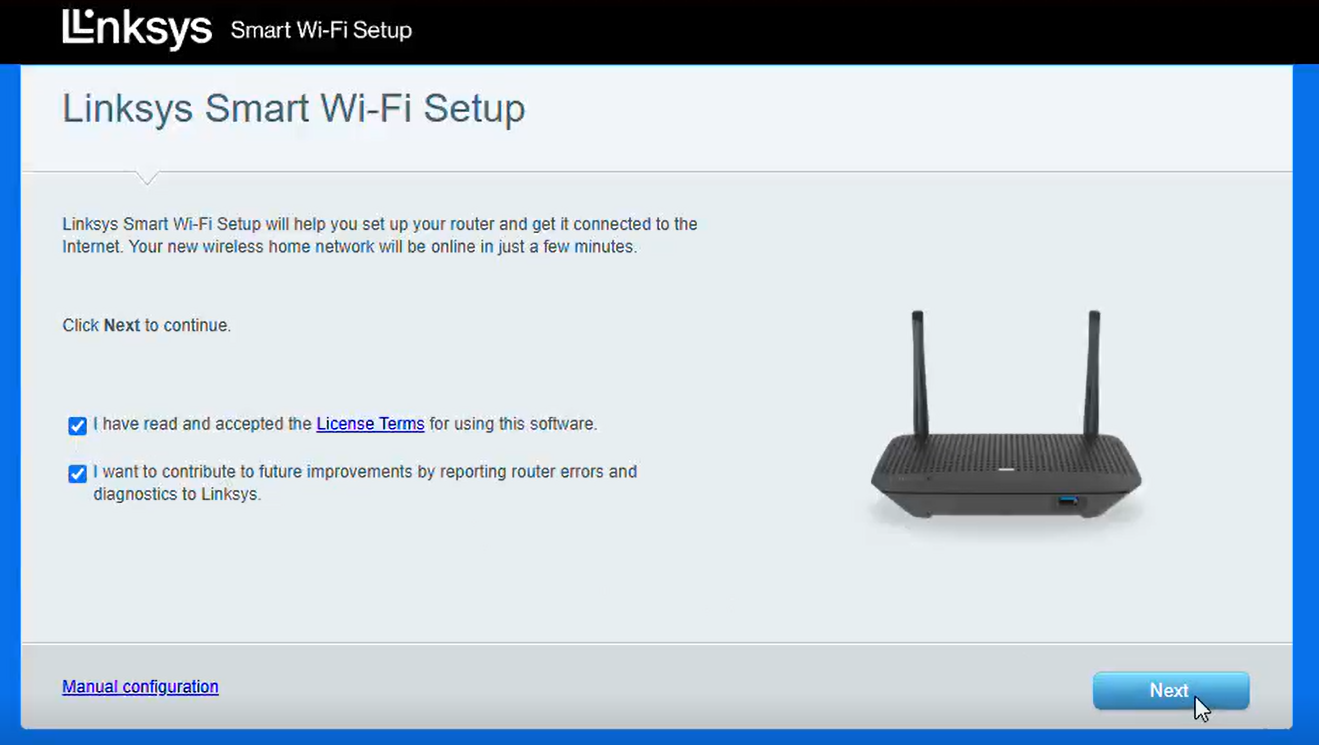 Linksys Smart WiFi Setup showing check box, the Next button, and Manual configuration link