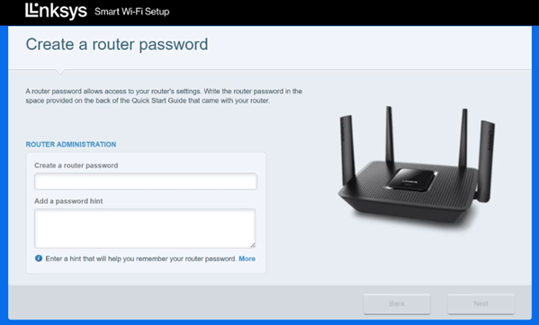 Create a router admin password, add a hint, and then click Next